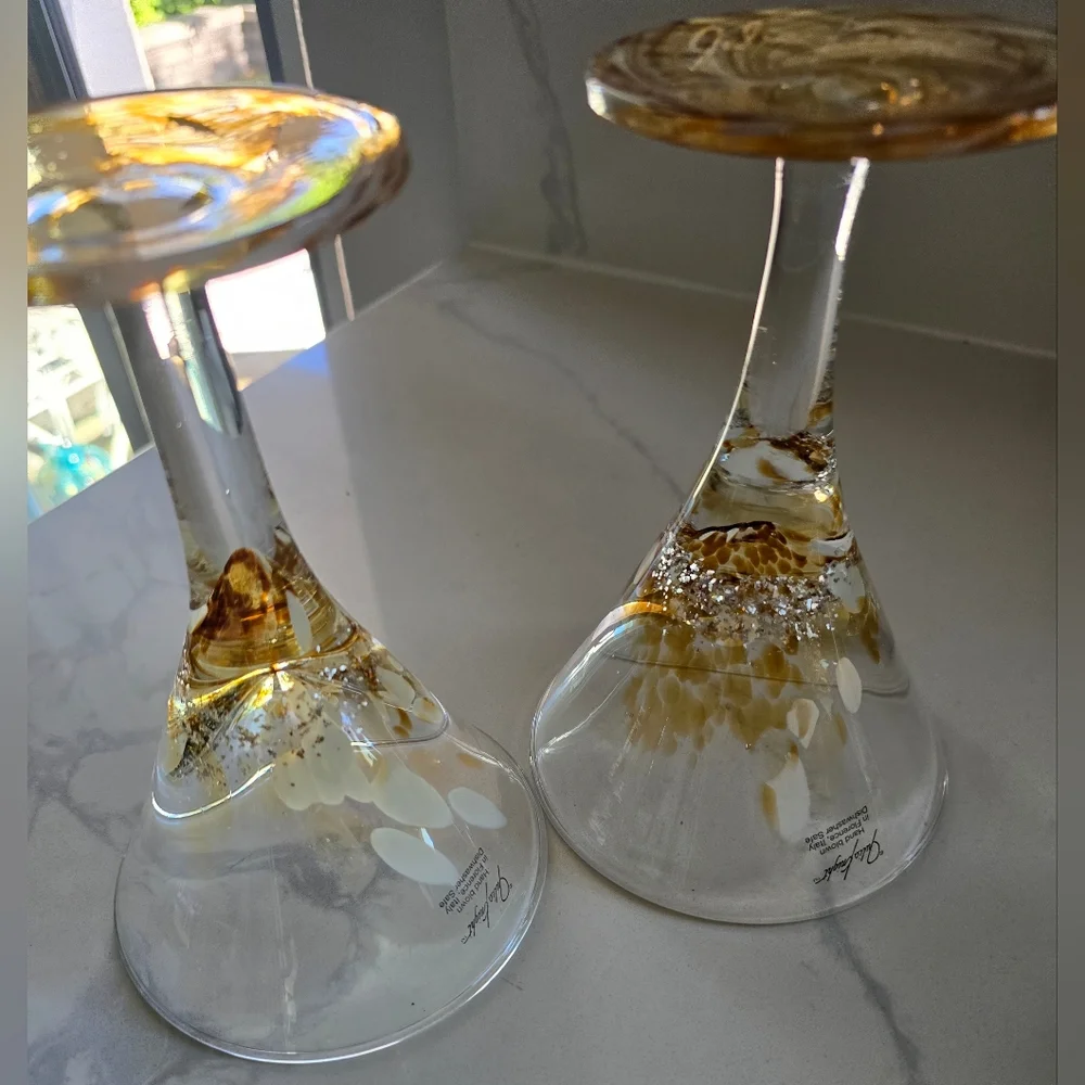 Vtg Julia Knight Confetti Collection Hand Blown Italy Martini Glasses Signed 2